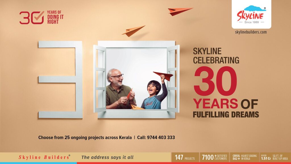 Creative ad director in Kerala creates Skyline Builders 30 years celebration ad featuring a joyful grandfather and grandson playing with paper planes at an open window, symbolizing fulfilled dreams and happy homes.