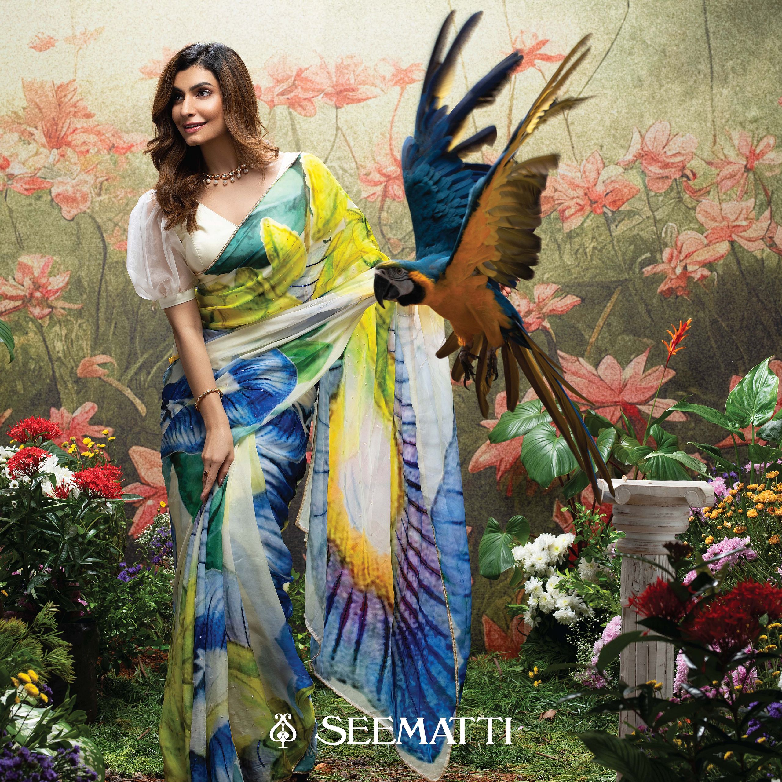 A stunning display of the Seematti sari collection, captured by renowned photographer in Kochi.