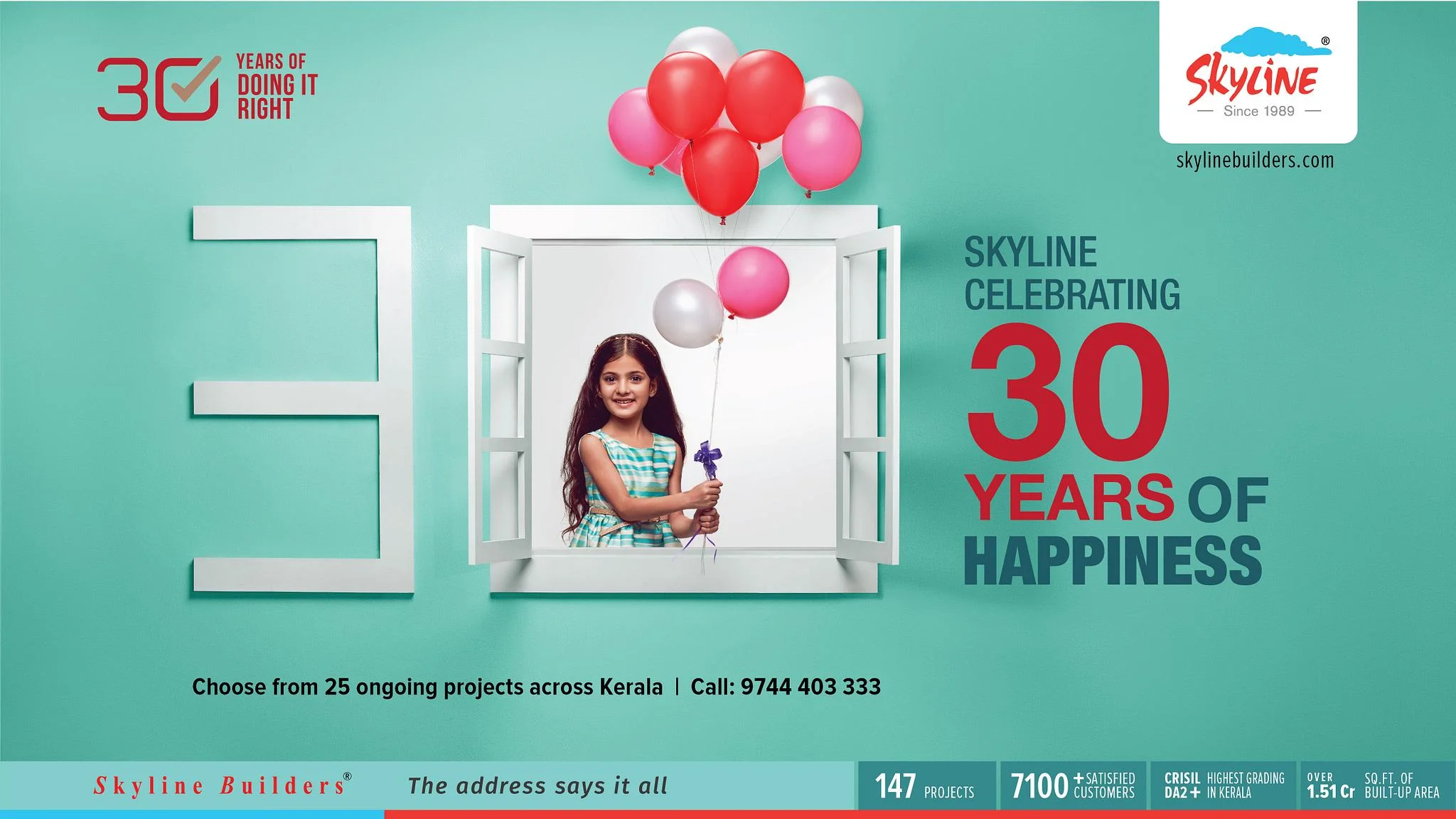 Creative ad director in Kerala designs Skyline Builders 30 years celebration ad featuring a happy girl holding balloons through an open window, symbolizing joy and success in real estate projects.
