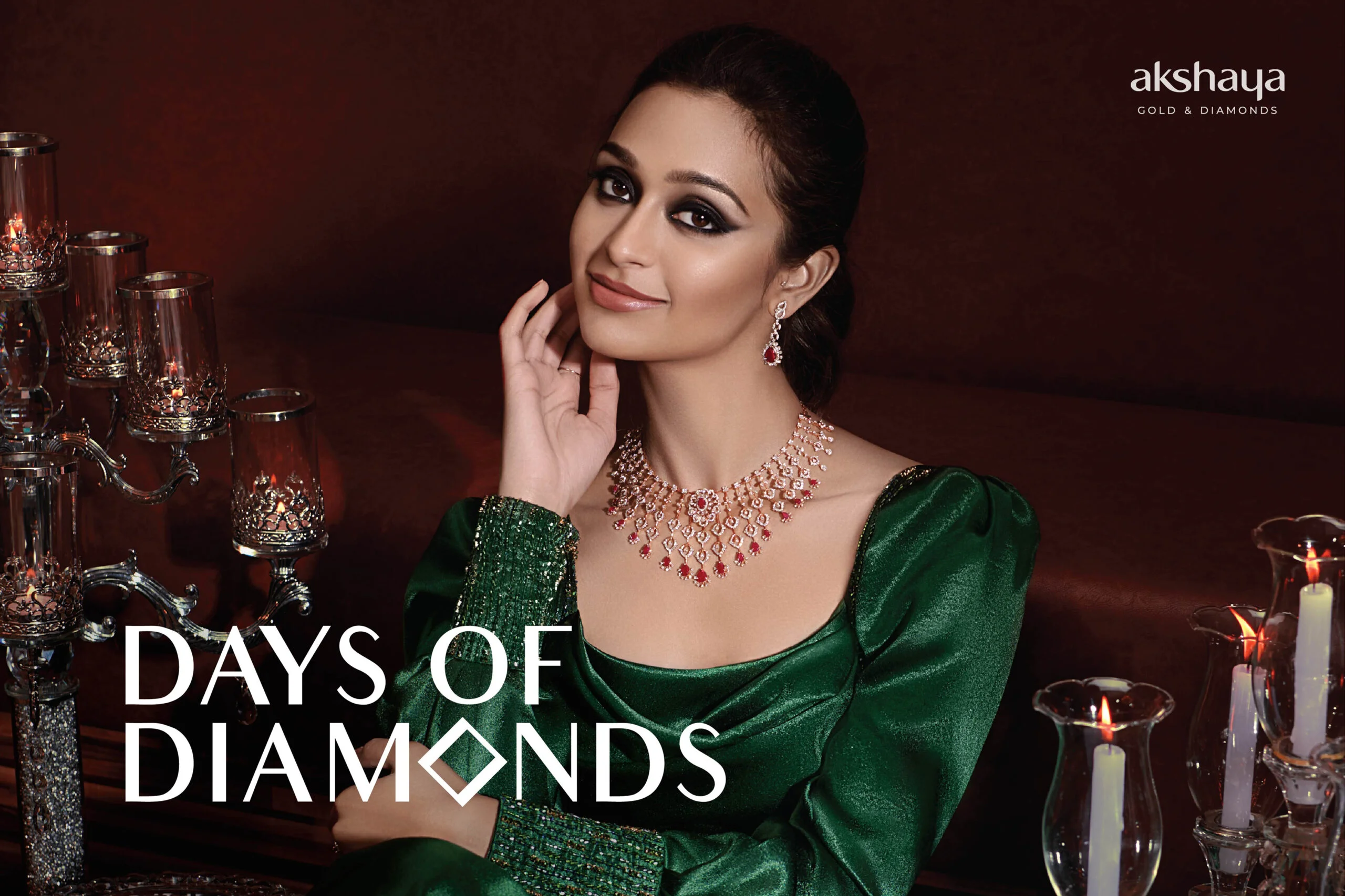 Woman showcasing elegant diamond jewelry.