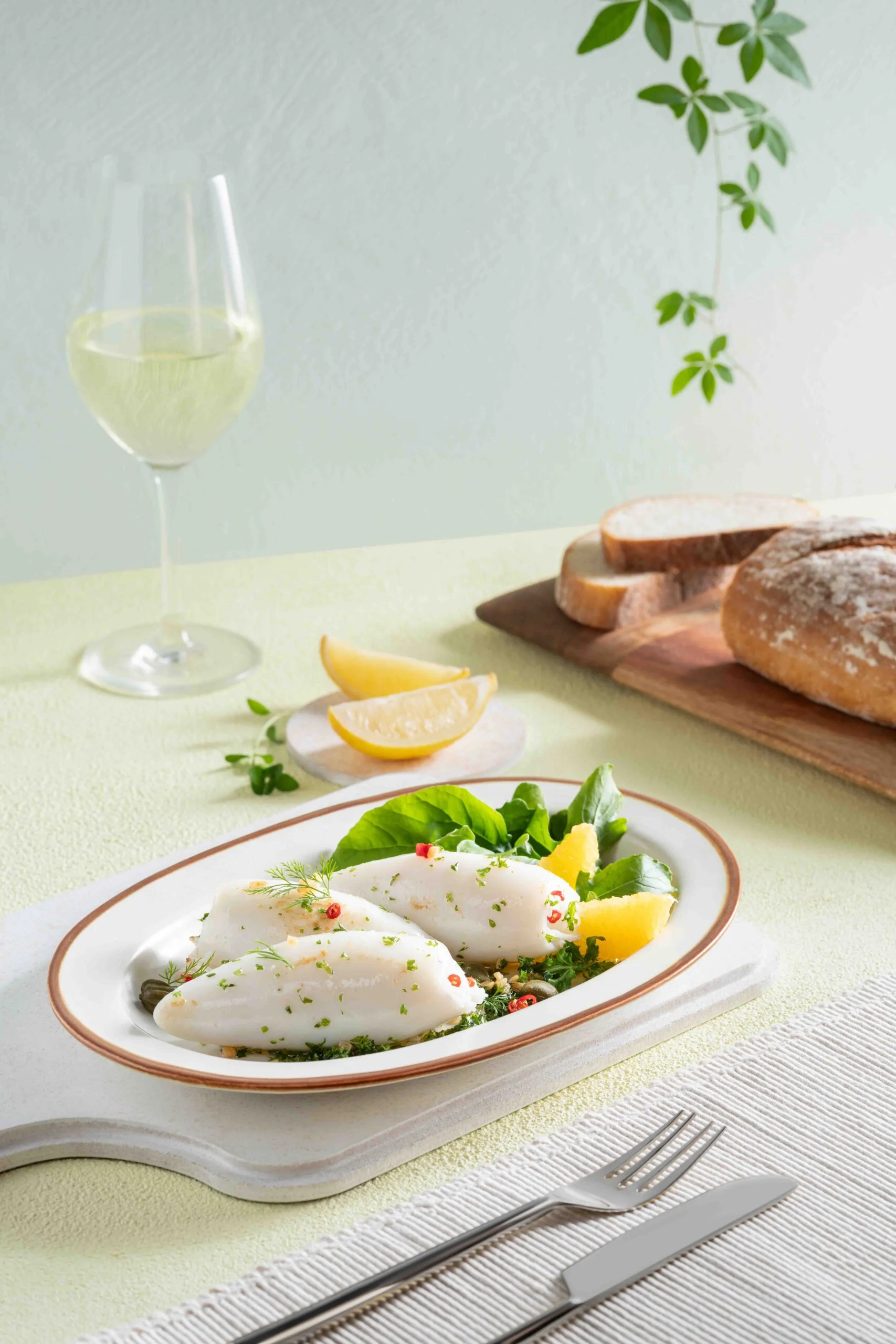 Delicately plated seafood with fresh greens and citrus, paired with white wine and rustic bread — captured by a skilled food photographer based in India.