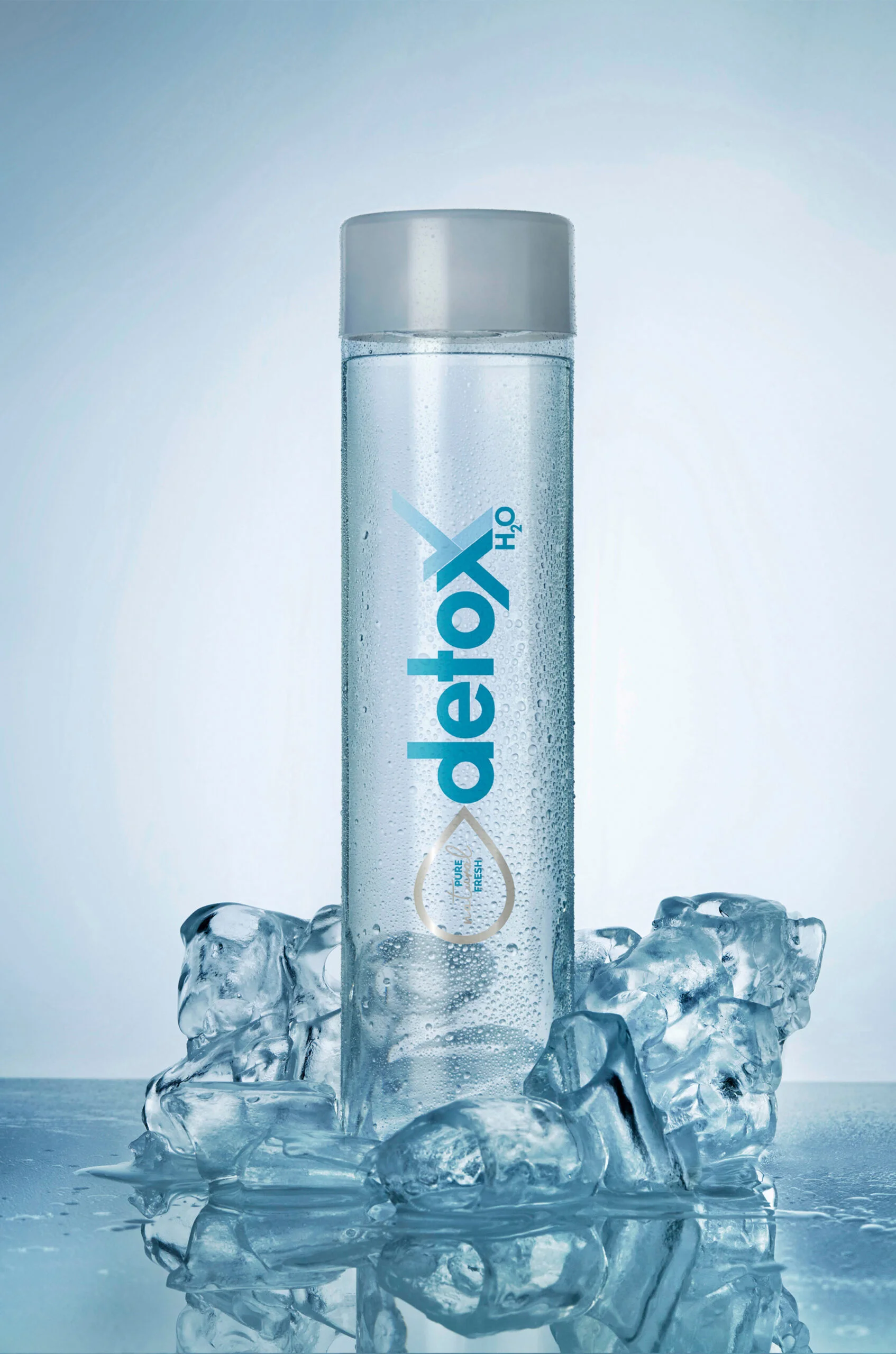 Chilled detox water bottle surrounded by ice.